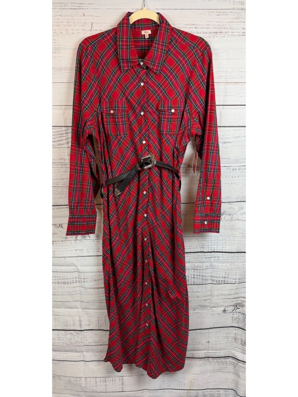 REBA Red Tartan Plaid Western Cowgirl Christmas Belted Shirt Dress S NWT